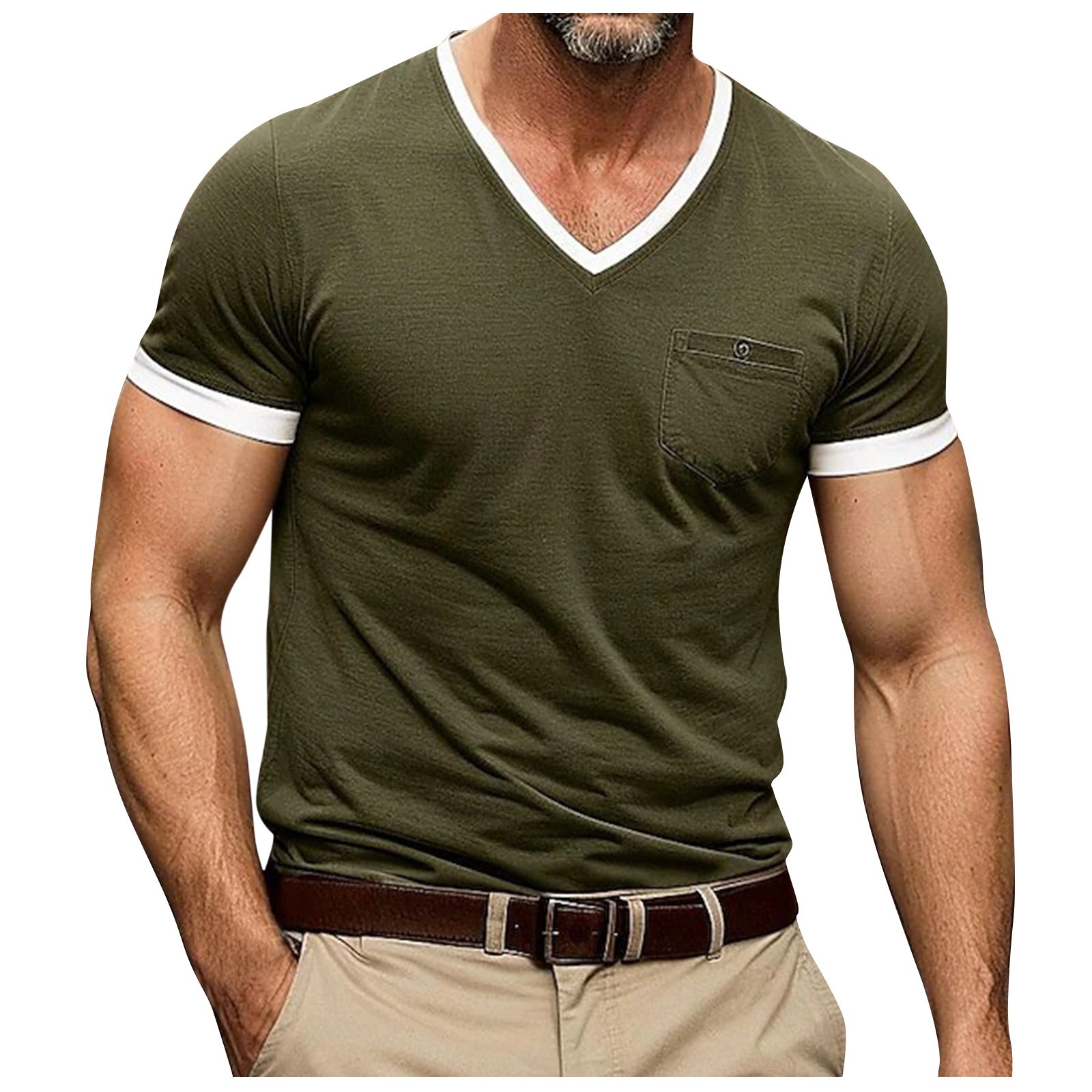 thumbnail image 1 of Camiseta de cuello en V para hombre, de color liso, manga corta, diseño con bolsillo cosido, prenda informal para el día a día, confeccionada en tejido de poliéster ligero, 1 of 5